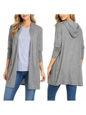 J. Jill Pure Jill Open Front Cotton Wool Gray Long Hooded Cardigan Pockets 1X
